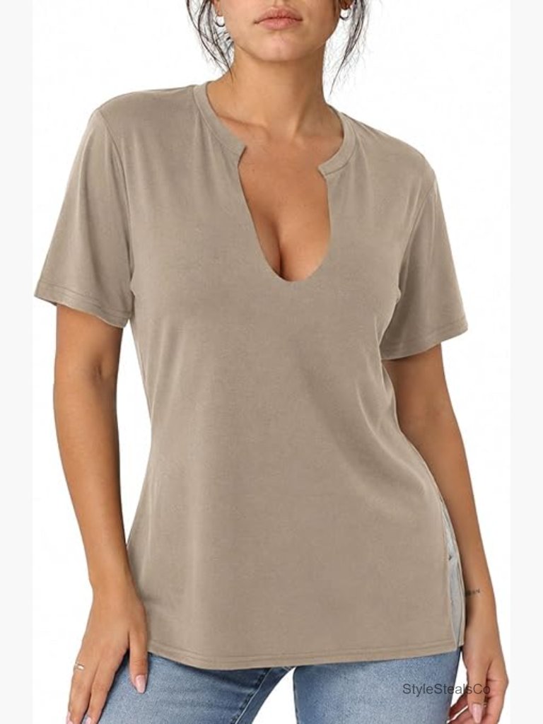 Plus Size Side Slit V Neck T Shirt, Short Sleeve Oversized Tee